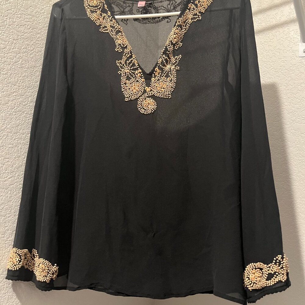 Silk Itsu Sheer Black Blouse size 12 with wooden embellishments - Picture 4 of 8